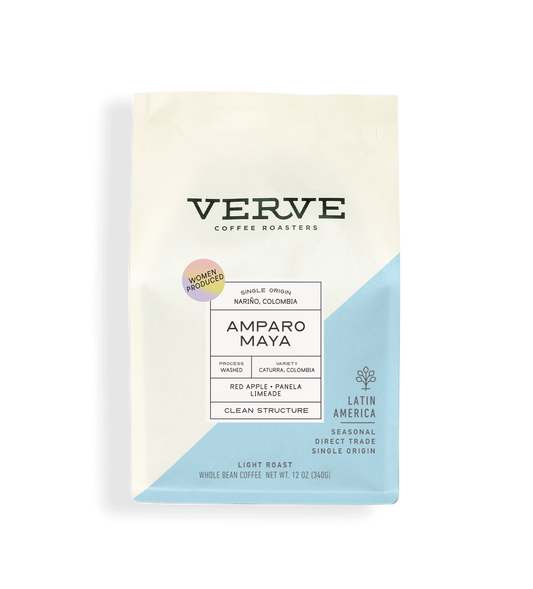 Verve Coffee Roasters - Amparo Maya - 12oz - Single Origin - Narino, Colombia - Women Produced - Process: Washed - Variety: Caturra, Colombia - Tasting Notes: Red Apple, Panela, Limeade - Clean Structure - Latin America - Seasonal - Direct Trade - Light Roast - Whole Bean Coffee