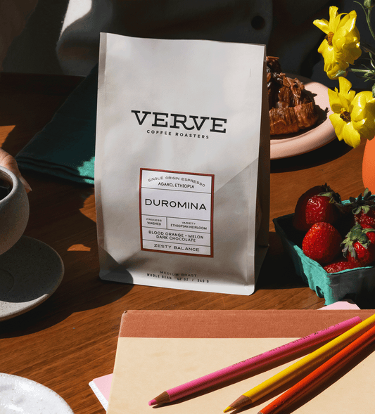 Verve Coffee Roasters - Duromina Espresso - Single Origin Espresso - Agaro, Ethiopia - Process: Washed - Variety: Ethiopian Heirloom - Tasting Notes: Blood Orange, Melon, Dark Chocolate - Zesty Balance - Light Roast