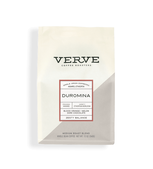 Verve Coffee Roasters - Duromina Espresso - Single Origin Espresso - Agaro, Ethiopia - Process: Washed - Variety: Ethiopian Heirloom - Tasting Notes: Blood Orange, Melon, Dark Chocolate - Zesty Balance - Light Roast