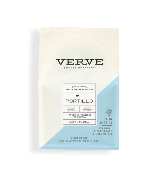 Verve Coffee Roasters - El Portillo Natural Parainema - 12oz - Single Origin - Santa Barbara, Honduras - Process: Natural - Variety: Parainema - Tasting Notes: Tangerine, Hibiscus, Pink Guava - Juicy + Floral - Latin America - Seasonal - Direct Trade - Light Roast - Whole Bean Coffee
