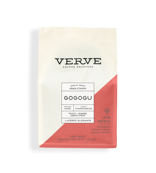 Verve Coffee Roasters - Gogogu - 12oz - Single Origin - Uraga, Ethiopia - Process: Washed - Variety: Ethiopian Heirloom - Tasting Notes: Peach, Jasmine, Simple Syrup - Layered Elegance - Latin America - Seasonal - Direct Trade - Light Roast - Whole Bean Coffee