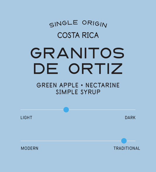 Verve Coffee Roasters - Granitos De Ortiz - Scent Profile - Single Origin - Tarrazu, Costa Rica - Tasting Notes: Green Apple, Nectarine, Simple Syrup - Light
+ Traditional
