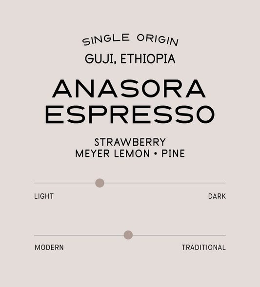 Verve Coffee Roasters - Guji Anasora Natural Espresso - Scent Profile - Single Origin - Guji, Ethiopia - Tasting Notes: Strawberry, Meyer Lemon, Pine - Light + Modern