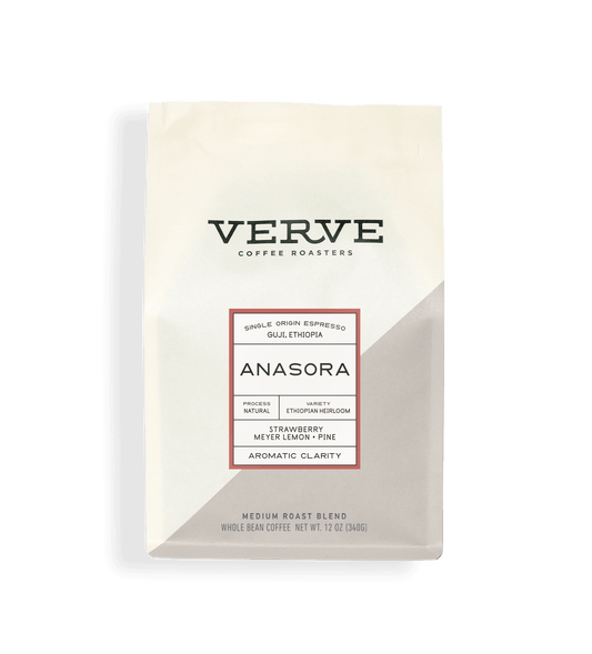 Verve Coffee Roasters - Guji Anasora Natural Espresso - 12oz - Single Origin - Guji, Ethiopia - Process: Natural - Variety: Ethiopian Heirloom - Tasting Notes: Strawberry, Meyer Lemon, Pine - Aromatic Clarity - Medium Roast Blend - Whole Bean Coffee