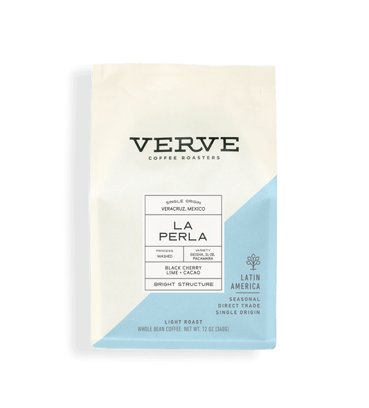 Verve Coffee Roasters - La Perla - 12oz - Single Origin - Varacruz, Mexico - Process: Washed - Variety: Gesha, SL28, Pacamara - Tasting Notes: Black Cherry, Lime, Cacao - Bright Structure - Latin America - Seasonal - Direct Trade - Light Roast - Whole Bean Coffee