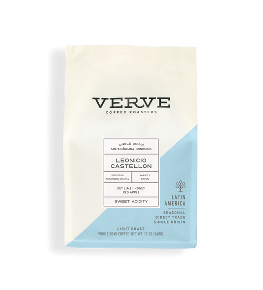 Verve Coffee Roasters - Leonicio Castellon - 12oz - Single Origin - Santa Barbara, Honduras - Process: Anaerobic Washed - Variety: Cataui - Tasting Notes: Key Lime, Honey, Red Apple - Sweet Acidity - Latin America - Seasonal - Direct Trade - Light Roast - Whole Bean Coffee