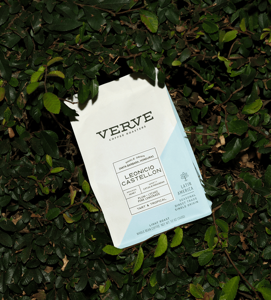 Verve Coffee Roasters - Leonicio Castellon - Hover - Single Origin - Santa Barbara, Honduras - Process: Honey - Variety: Catuai & Parainema - Tasting Notes: Plum, Lychee, Pink Lemonade - Tart & Tropical - Latin America - Seasonal - Direct Trade