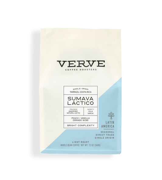 Verve Coffee Roasters - Sumava Lactico - Single Origin - Tarrazu, Costa Rica - Process: Anaerobic Natural Lactic - Variety: Villa Sarchi - Tasting Notes: Peach, Vanilla, Orange Wine - Bright Complexity - Latin America - Seasonal - Direct Trade - Light Roast