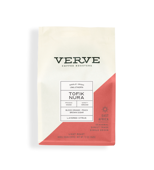 Verve Coffee Roasters - Tofik Nura - 12oz - Single Origin - Lima, Ethiopia - Process: Washed - Variety: Heirloom - Tasting Notes: Blood Orange, Peach, Brown Sugar - Layered Citrus - East Africa - Seasonal - Direct Trade - Light Roast - Whole Bean Coffee