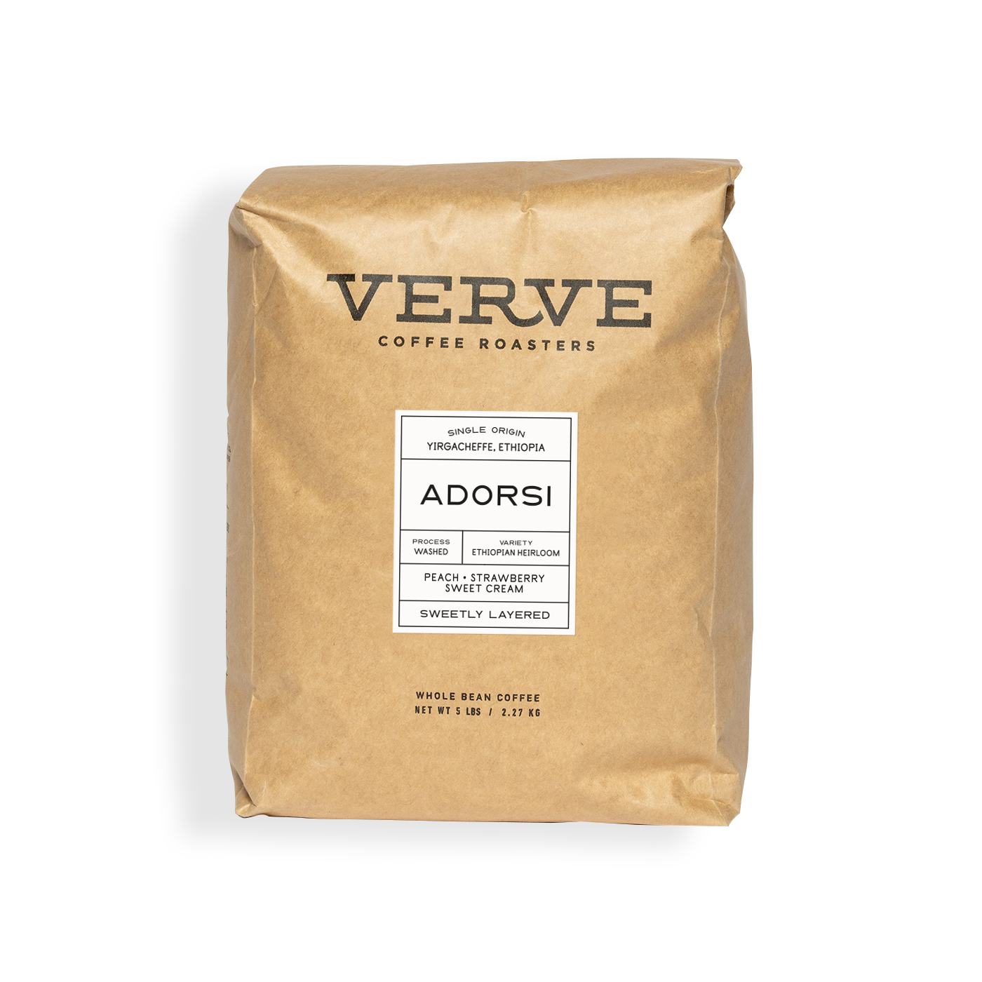 Verve Coffee Roasters - Adorsi - 5lb - Single Origin - Yirgacheffe, Ethiopia - Process: Washed - Variety: Ethiopian Heirloom - Tasting Notes: Peach, Strawberry, Sweet Cream - Sweetly Layered - Whole Bean Coffee - 5 lbs / 2.27 kg