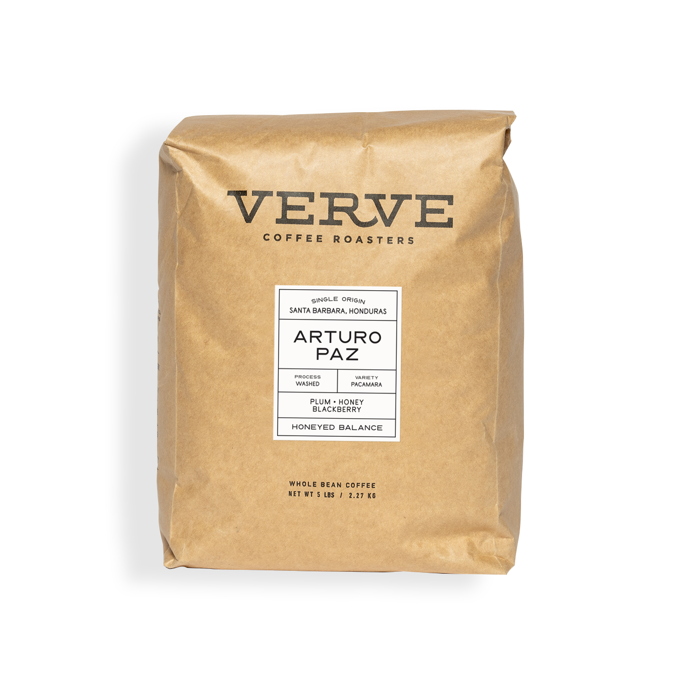 Verve Coffee Roasters - Arturo Paz- 5lb - Single Origin - Santa Barbara, Honduras  - Process: Washed - Variety: Pacamara - Tasting Notes: Plum, Honey, Blackberry - Honeyed Balance - Whole Bean Coffee - 5 lbs / 2.27 kg