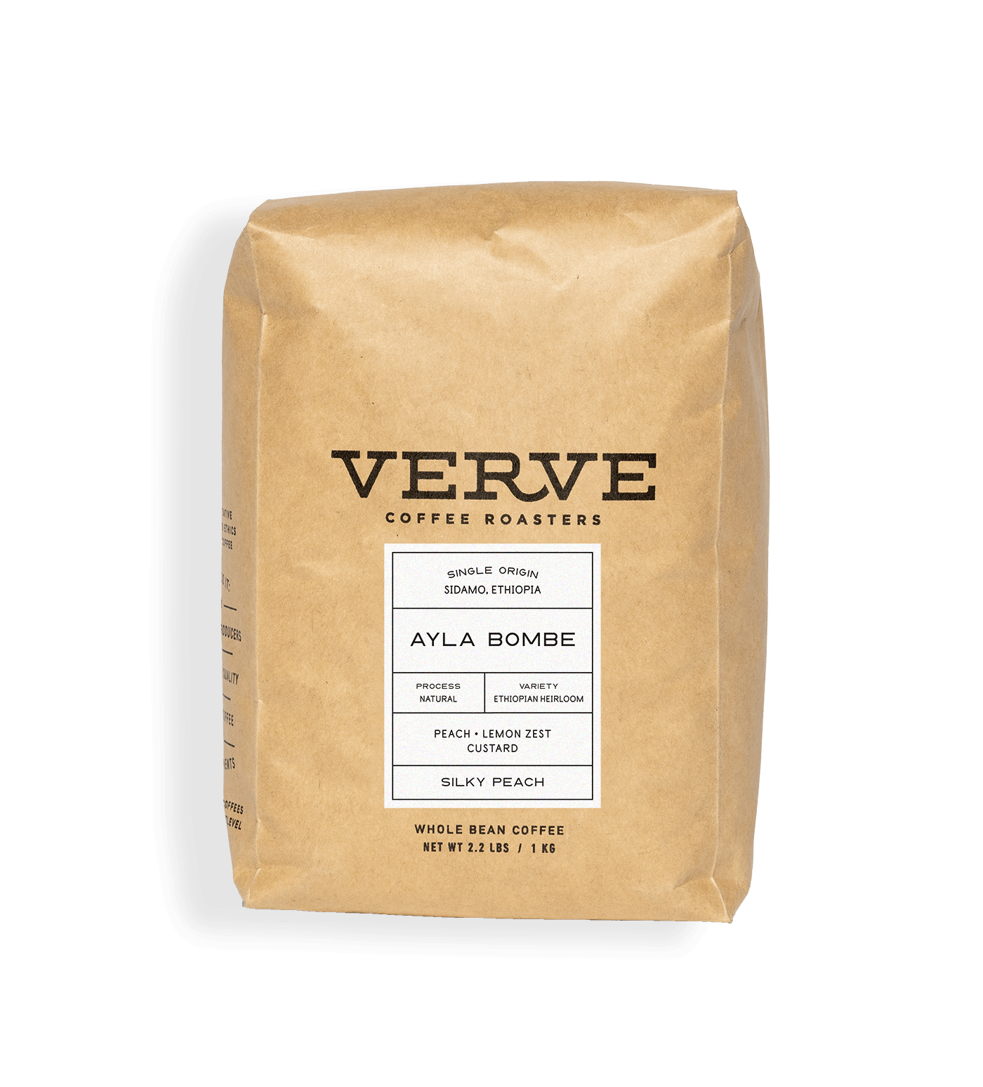 Verve Coffee Roasters - Ayla Bombe - 1kg - Single Origin - Sidamo, Ethiopia - Process: Natural - Variety: Ethiopian Heirloom - Tasting Notes: Peach, Lemon Zest, Custard - Silky Peach - Whole Bean Coffee - 2.2 lbs / 1 kg