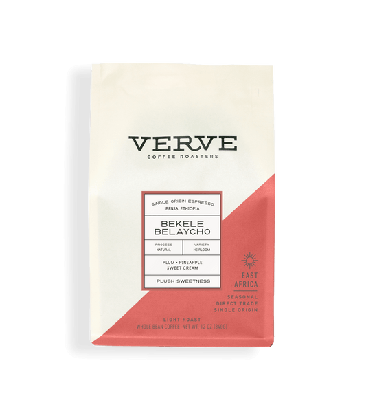 Verve Coffee Roasters - Bekele Belaycho Espresso - 12oz - Single Origin - Process: Natural - Variety: Heirloom - Tasting Notes: Plum, Pineapple, Sweet Cream - Plush Sweetness - East Africa - Seasonal - Direct Trade - Light Roast - Whole Bean Coffee
