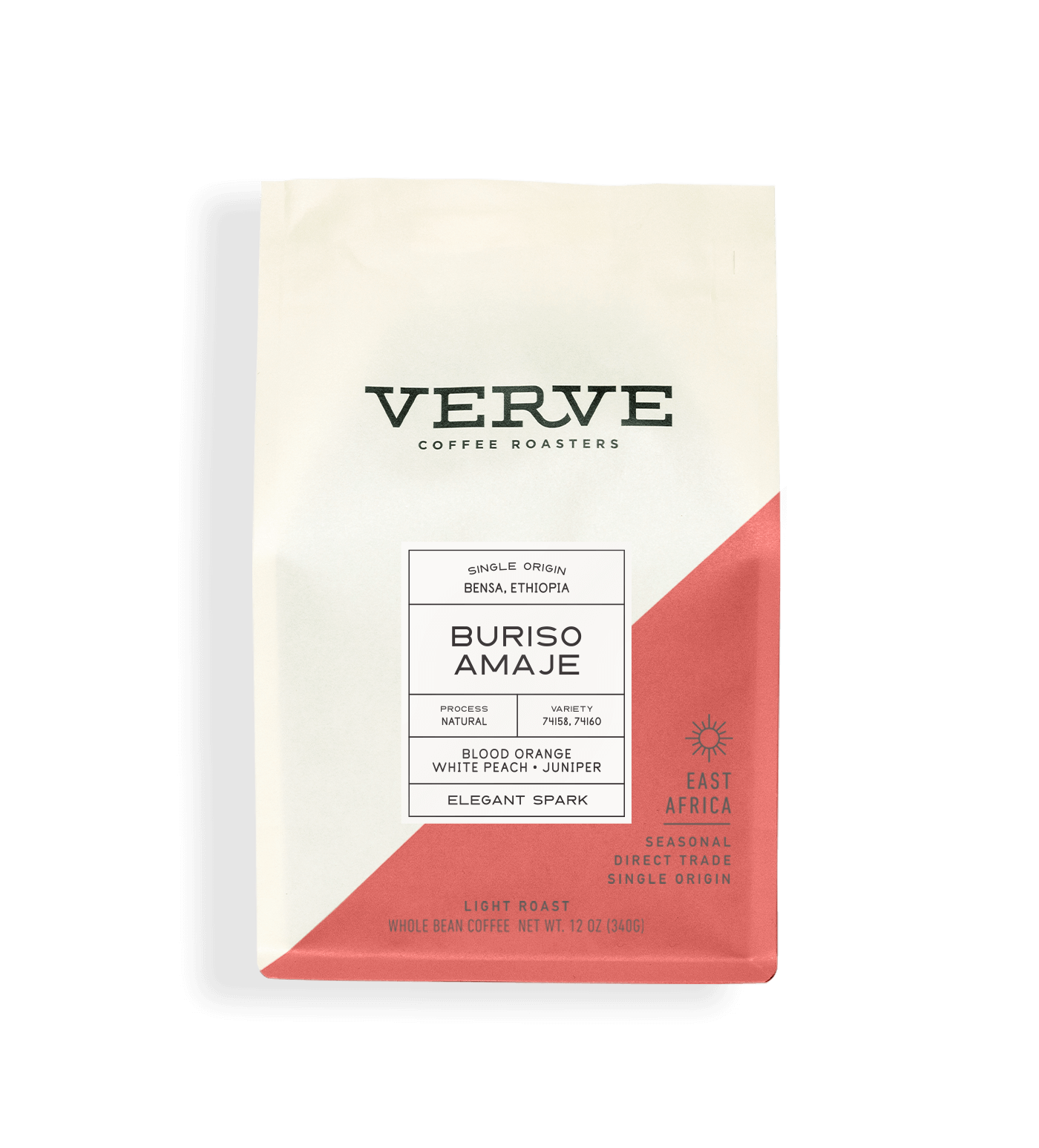 Verve Coffee Roasters - Buriso Amaje Natural - 12oz - Single Origin - Bensa, Ethiopia - Process: Natural - Variety: 74158, 74160 - Tasting Notes: Blood Orange, White Peach, Juniper - Elegant Spark - East Africa - Seasonal - Direct Trade - Light Roast - Whole Bean Coffee