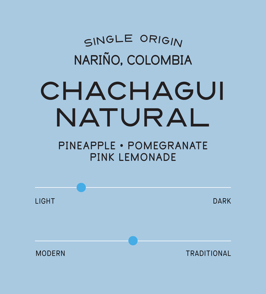Verve Coffee Roasters - Chachagui Natural - Scent Profile - Single Origin - Narino, Colombia - Tasting Notes: Pineapple, Pomegranate, Pink Lemonade - Light + Modern