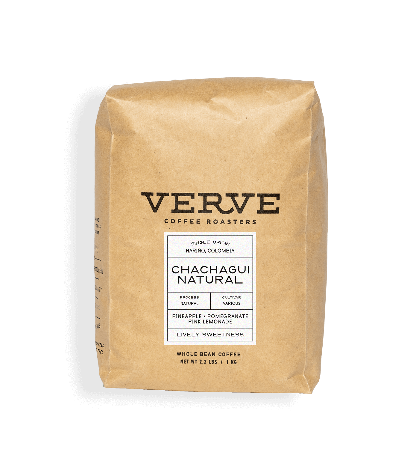 Verve Coffee Roasters - Chachagui Natural - 1kg - Single Origin - Narino, Colombia - Process: Natural - Variety: Various - Tasting Notes: Pineapple, Pomegranate, Pink Lemonade - Lively Sweetness - Whole Bean Coffee - 2.2 lbs / 1 kg