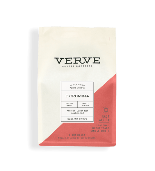 Verve Coffee Roasters - Duromina - 12oz - Single Origin - Agaro, Ethiopia - Process: Washed - Variety: Heirloom - Tasting Notes: Apricot, Lemon Zest, Honeysuckle - Elegant Citrus - East Africa - Seasonal - Direct Trade - Light Roast - Whole Bean Coffee