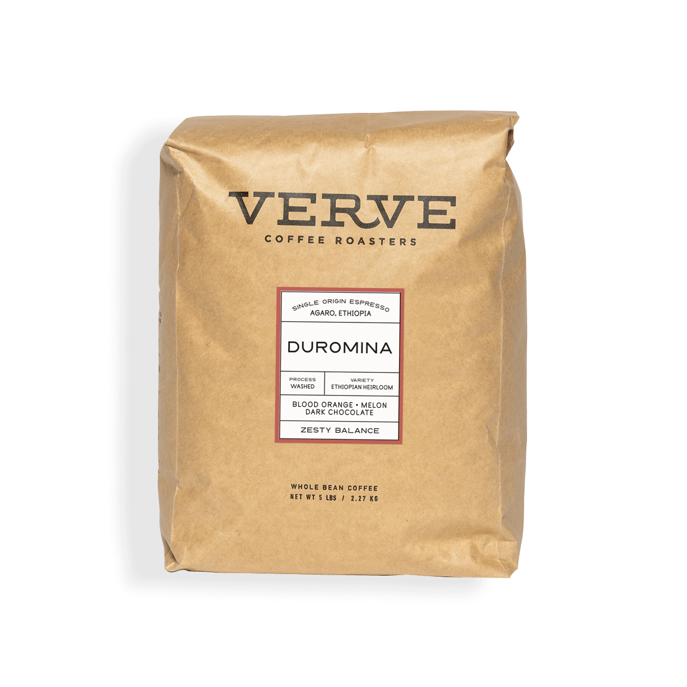 Verve Coffee Roasters - Duromina Espresso - 5lb -  Single Origin Espresso - Agaro, Ethiopia - Process: Washed - Variety: Ethiopian Heirloom - Tasting Notes: Blood Orange, Melon, Dark Chocolate - Zesty Balance - Whole Bean Coffee - 5 lbs / 2.27 kg