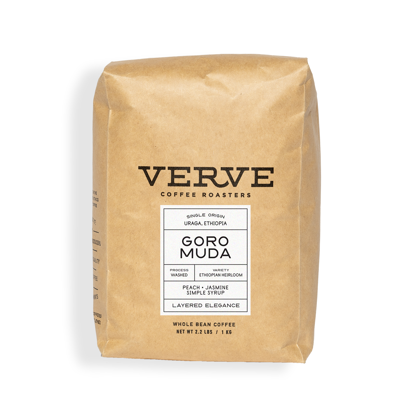 Verve Coffee Roasters - Goro Muda - 1kg - Single Origin - Uraga, Ethiopia - Process: Washed - Variety: Ethiopian Heirloom - Tasting Notes: Peach, Jasmine, Simple Syrup - Layered Elegance - Whole Bean Coffee - 2.2 lbs / 1 kg
