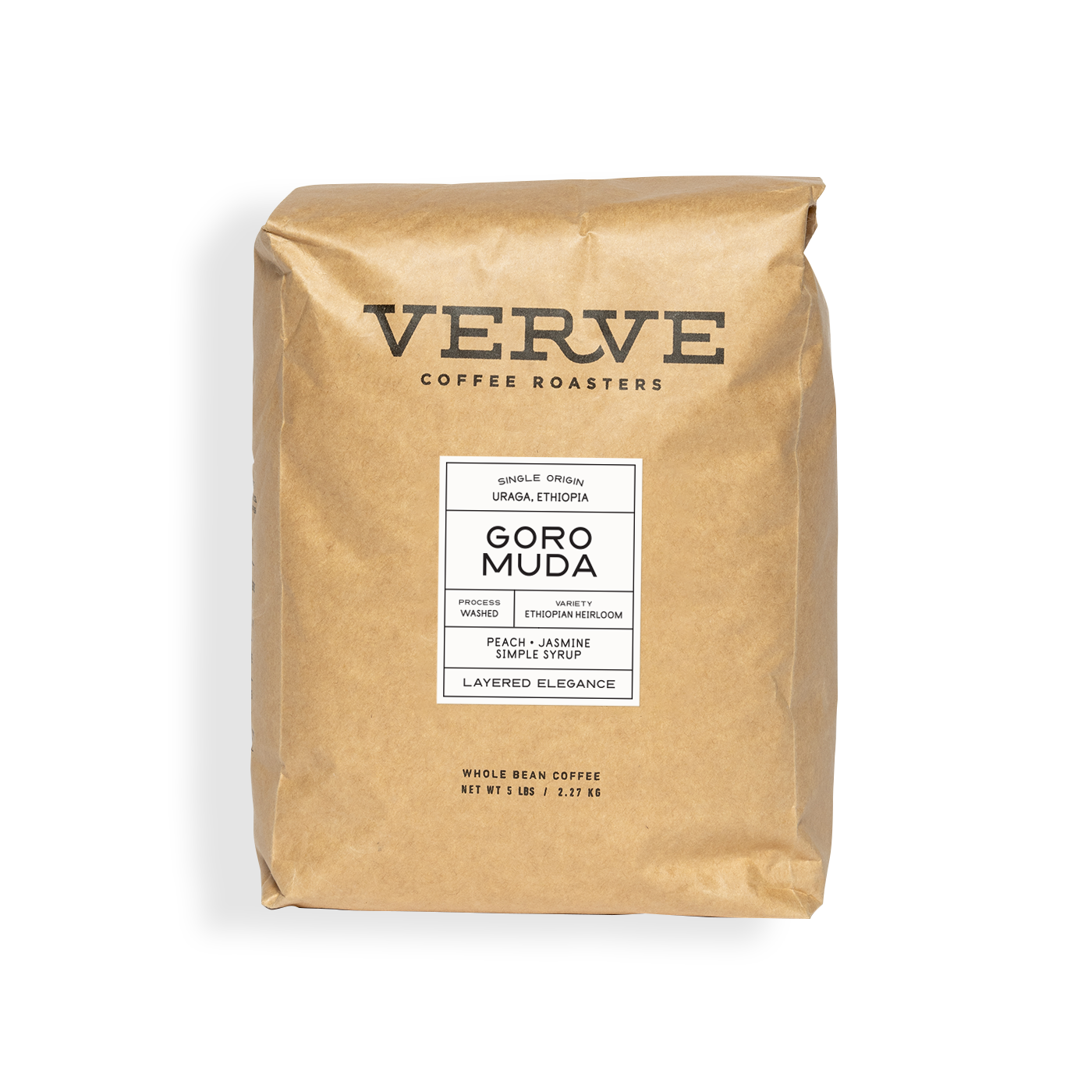Verve Coffee Roasters - Goro Muda - 5lb - Single Origin - Uraga, Ethiopia - Process: Washed - Variety: Ethiopian Heirloom - Tasting Notes: Peach, Jasmine, Simple Syrup - Layered Elegance - Whole Bean Coffee - 5 lbs / 2.27 kg