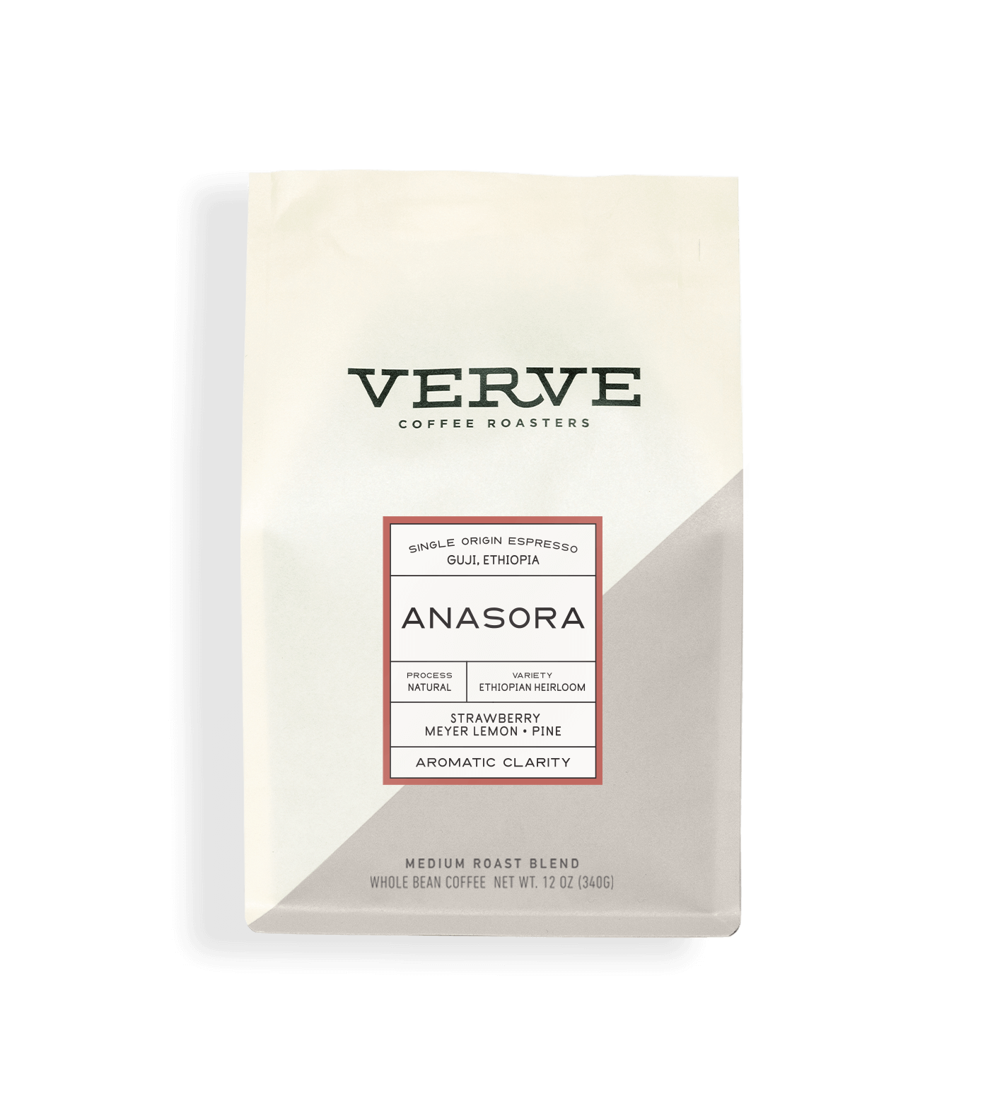 Verve Coffee Roasters - Guji Anasora Natural Espresso - 12oz - Single Origin - Guji, Ethiopia - Process: Natural - Variety: Ethiopian Heirloom - Tasting Notes: Strawberry, Meyer Lemon, Pine - Aromatic Clarity - Medium Roast Blend - Whole Bean Coffee