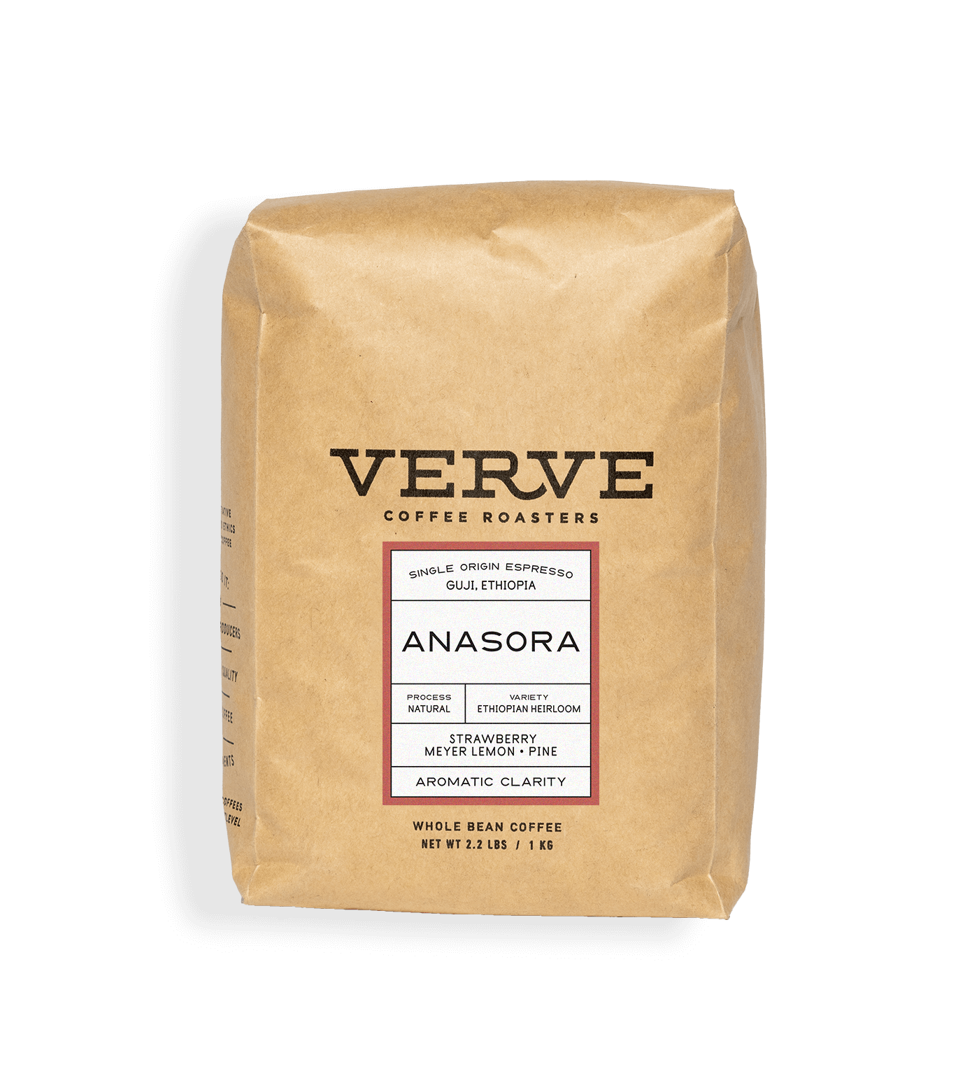 Verve Coffee Roasters - Guji Anasora Natural Espresso - 1kg - Single Origin - Guji, Ethiopia - Process: Natural - Variety: Ethiopian Heirloom - Tasting Notes: Strawberry, Meyer Lemon, Pine - Aromatic Clarity - Whole Bean Coffee - 2.2 lbs / 1 kg