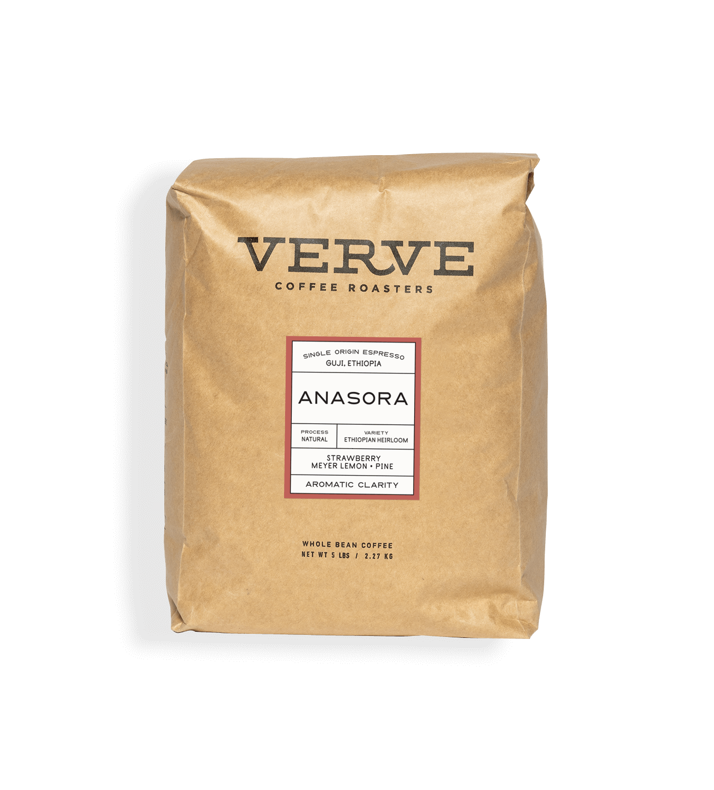 Verve Coffee Roasters - Guji Anasora Natural Espresso - 5lb - Single Origin - Guji, Ethiopia - Process: Natural - Variety: Ethiopian Heirloom - Tasting Notes: Strawberry, Meyer Lemon, Pine - Aromatic Clarity - Whole Bean Coffee - 5 lbs / 2.27 kg