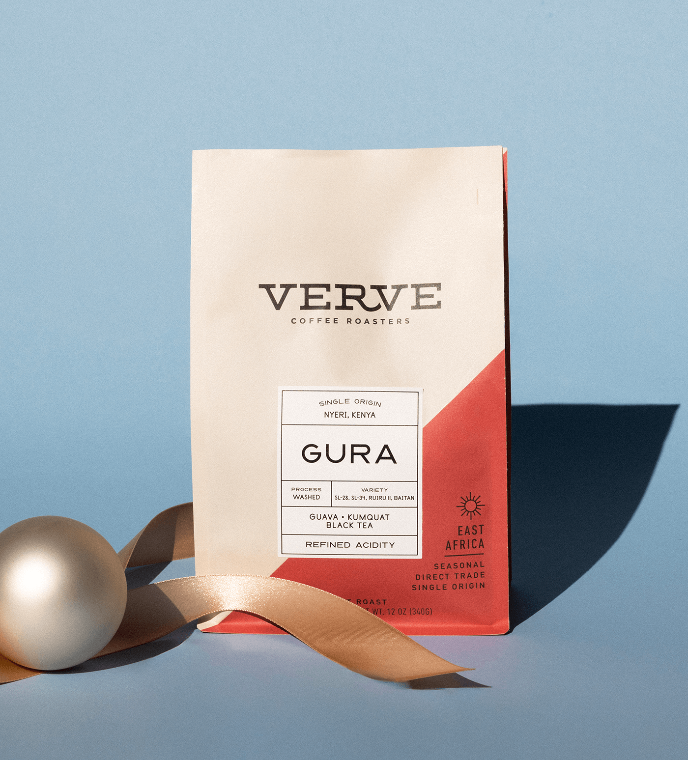 Verve Coffee Roasters - Gura - 12oz - Single Origin - Nyeri, Kenya - Process: Washed - Variety: SL28, SL34, Ruiru II, Baitan - Tasting Notes: Guava, Kumquat, Black Tea - Refined Acidity - Latin America - Seasonal - Direct Trade - Light Roast - Whole Bean Coffee