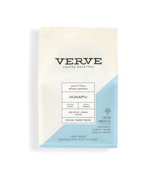 Verve Coffee Roasters - Hunapu - 12oz - Single Origin - Antigua, Guatemala - Process: Washed - Variety: Bourbon - Tasting Notes: Red Apple, Lemon, Cacao - Round Sweetness - Latin America - Seasonal - Direct Trade - Light Roast