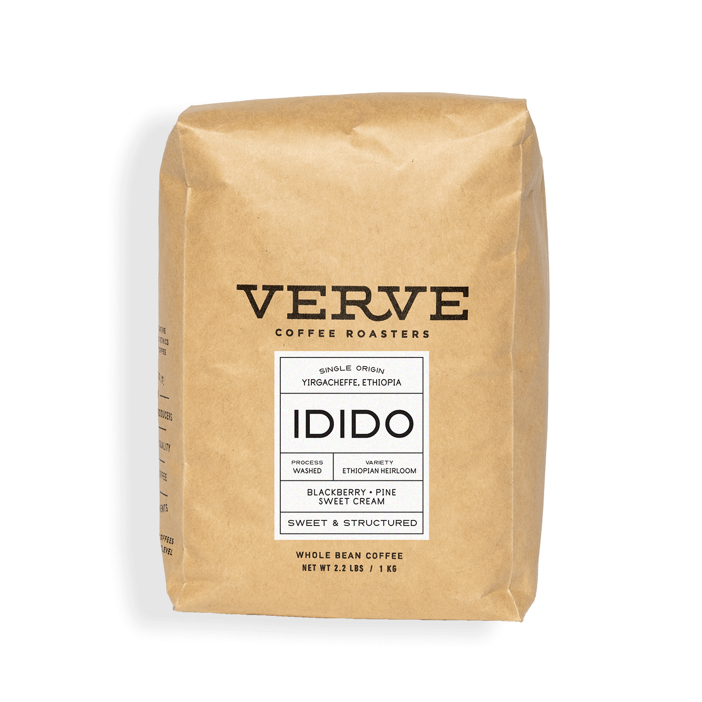Verve Coffee Roasters - Idido - 1kg - Single Origin - Yirgacheffe, Ethiopia - Process: Washed - Variety: Ethiopian Heirloom - Tasting Notes: Blackberry, Pine, Sweet Cream - Sweet & Structured - Whole Bean Coffee - 2.2 lbs / 1 kg