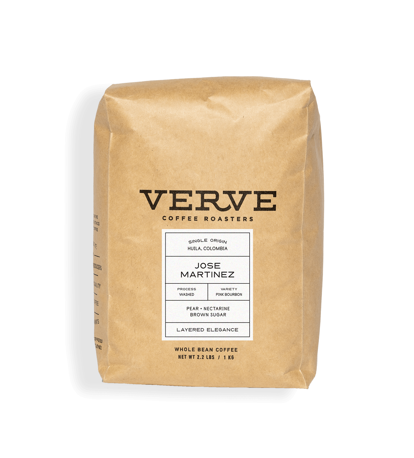 Verve Coffee Roasters - Jose Martinez - 1kg - Single Origin - Huila, Colombia - Process: Washed - Variety: Pink Bourbon - Tasting Notes: Pear, Nectarine, Brown Sugar - Layered Elegance - Whole Bean Coffee - 2.2 lbs / 1 kg