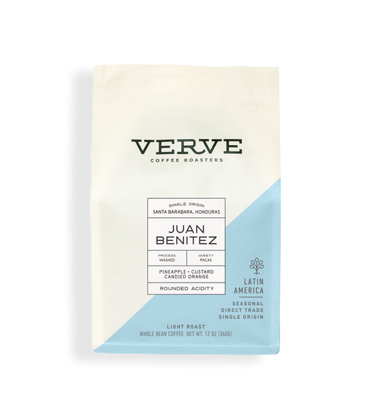 Verve Coffee Roasters - Juan Benitez - Single Origin - Santa Barbara, Honduras - Process: Washed - Variety: Pacas - Tasting Notes: Pineapple, Custard, Candied Orange - Rounded Acidity - Latin America - Direct Trade - Seasonal - Whole Bean Coffee