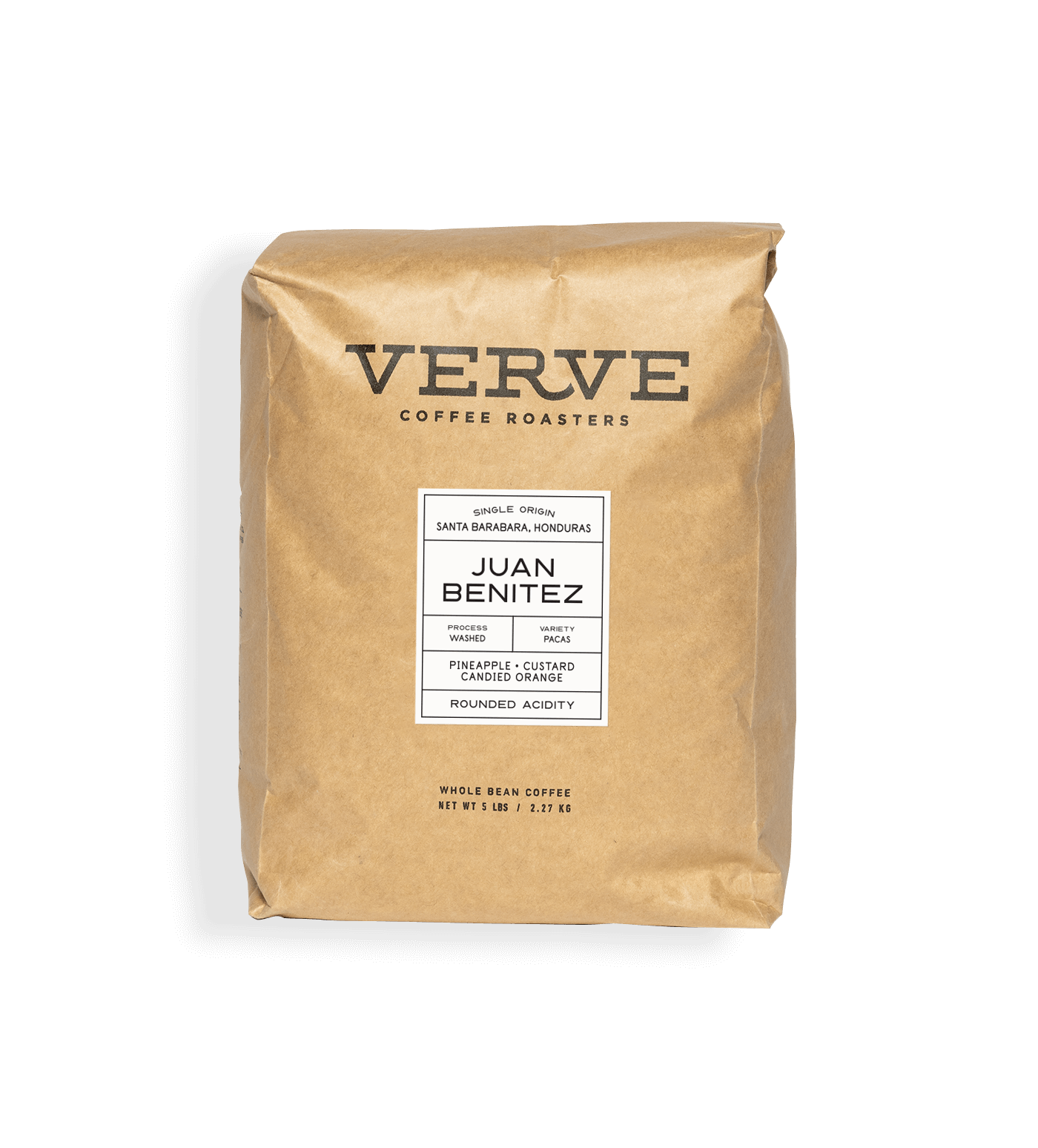 Verve Coffee Roasters - Juan Benitez - 5lb - Single Origin - Santa Barbara, Honduras - Process: Washed - Variety: Pacas - Tasting Notes: Pineapple, Custard, Candied Orange - Rounded Acidity - Whole Bean Coffee - 5 lbs / 2.27 kg