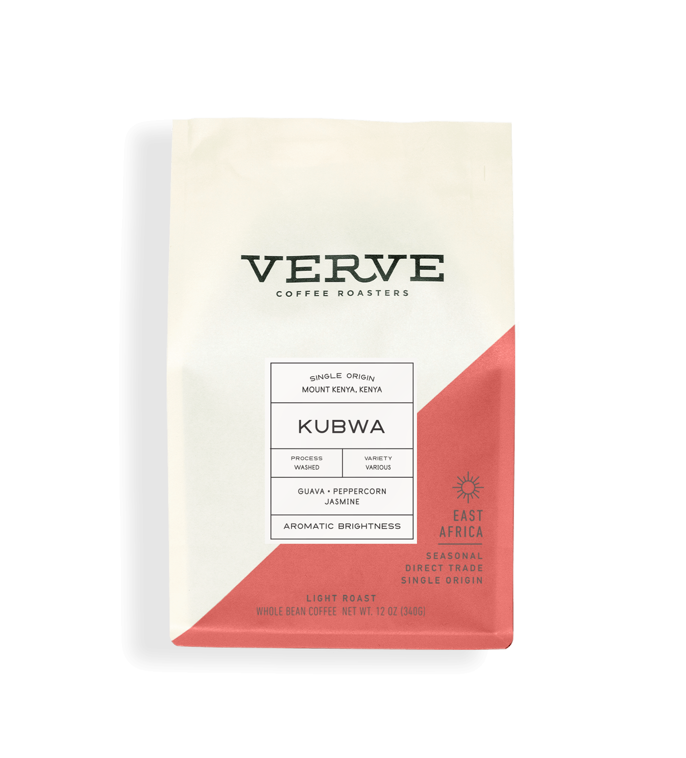 Verve Coffee Roasters - Kubwa - 12oz - Single Origin - Mount Kenya, Kenya - Process: Washed - Variety: Various - Tasting Notes: Guava, Peppercorn, Jasmine - Aromatic Brightness - East Africa - Seasonal - Direct Trade - Light Roast - Whole Bean Coffee