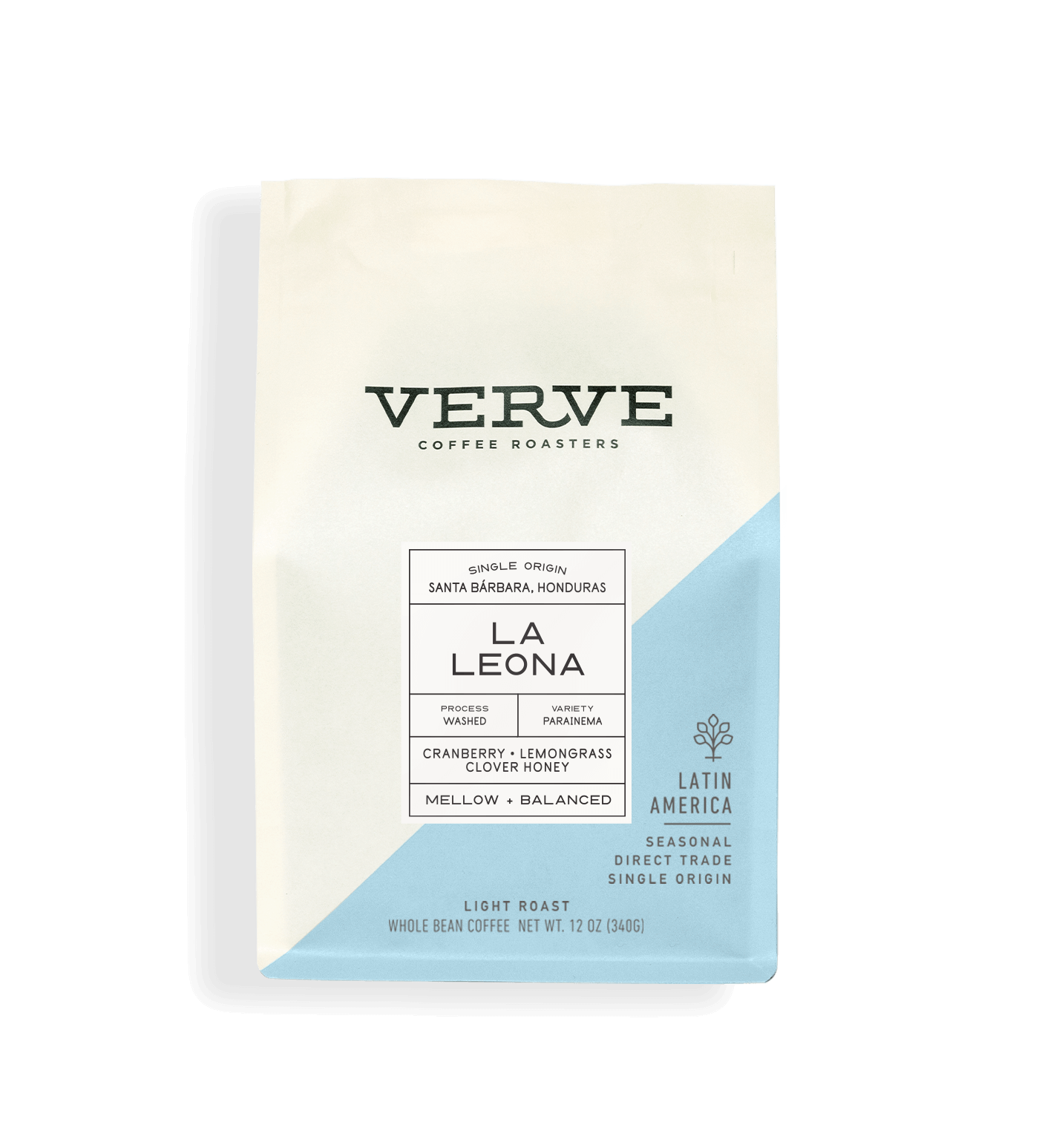 Verve Coffee Roasters - La Leona - 12oz - Single Origin - Santa Barbara, Honduras - Process: Washed - Variety: Parainema - Tasting Notes: Cranberry, Lemongrass, Clover Honey - Mellow + Balanced - Latin America - Seasonal - Direct Trade - Light Roast - Whole Bean Coffee