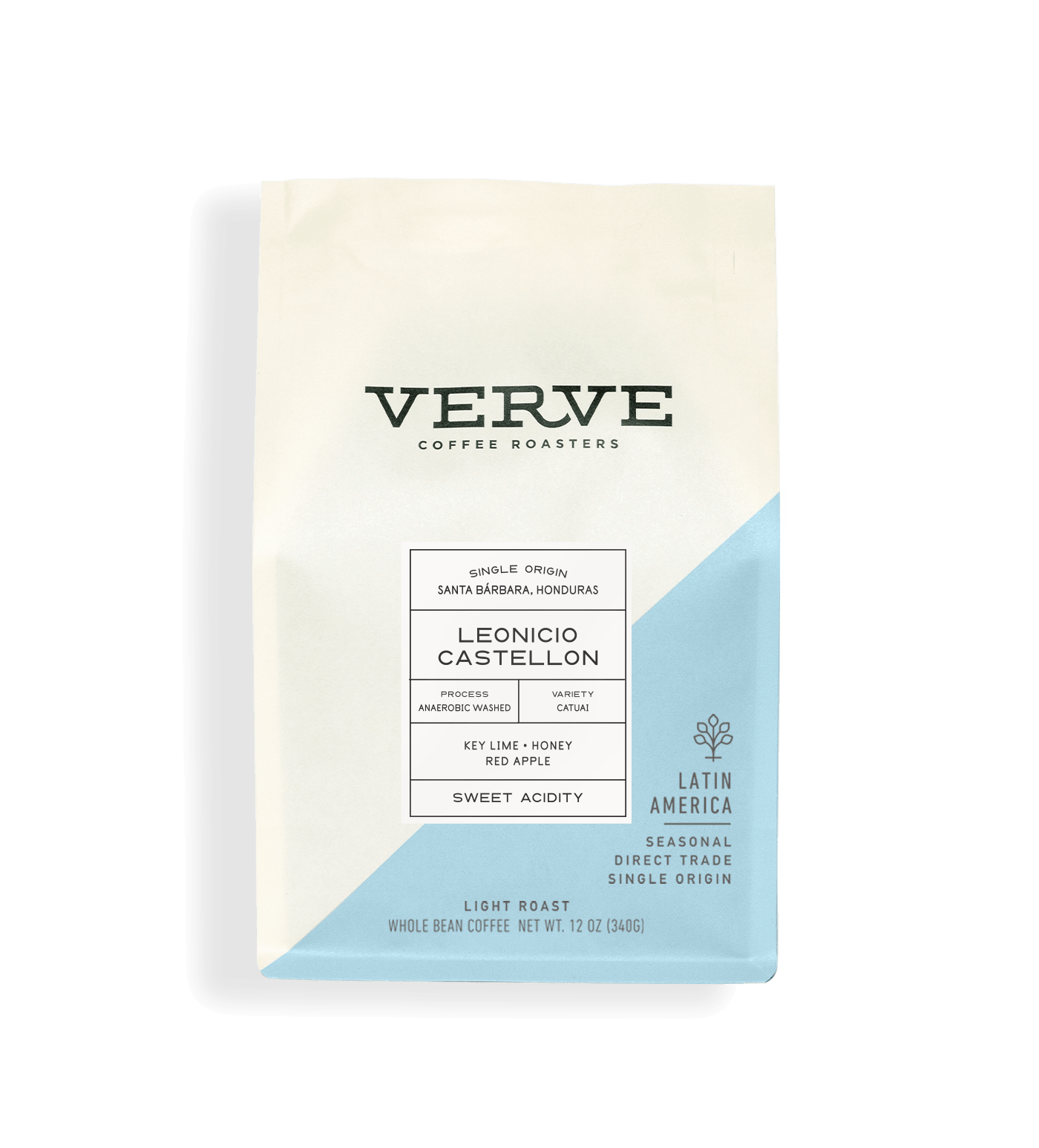 Verve Coffee Roasters - Leonicio Castellon - 12oz - Single Origin - Santa Barbara, Honduras - Process: Anaerobic Washed - Variety: Cataui - Tasting Notes: Key Lime, Honey, Red Apple - Sweet Acidity - Latin America - Seasonal - Direct Trade - Light Roast - Whole Bean Coffee