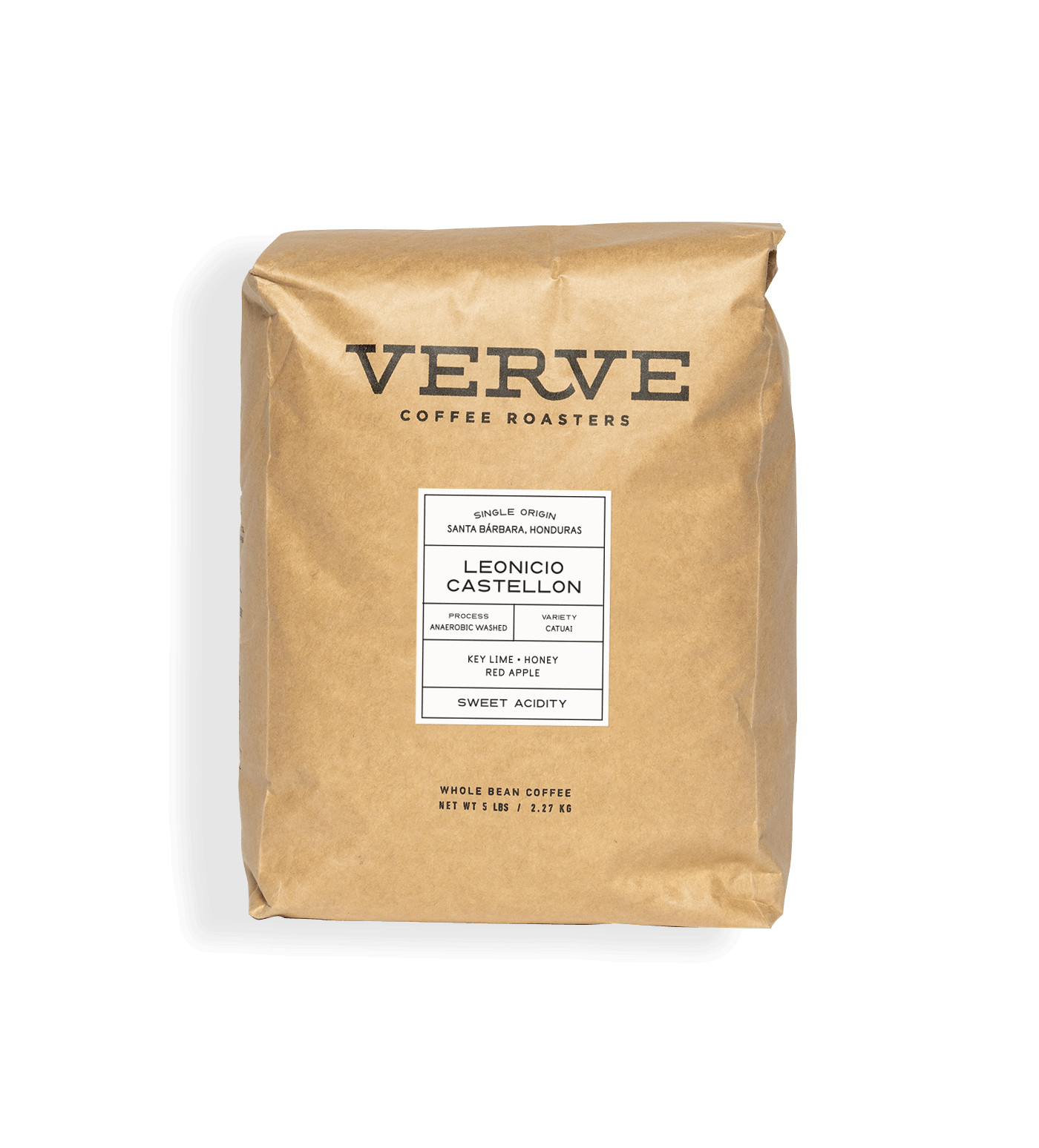 Verve Coffee Roasters - Leonicio Castellon - 5lb - Single Origin - Santa Barbara, Honduras - Process: Anaerobic Washed - Variety: Cataui - Tasting Notes: Key Lime, Honey, Red Apple - Sweet Acidity - Whole Bean Coffee - 5 lbs / 2.27 kg