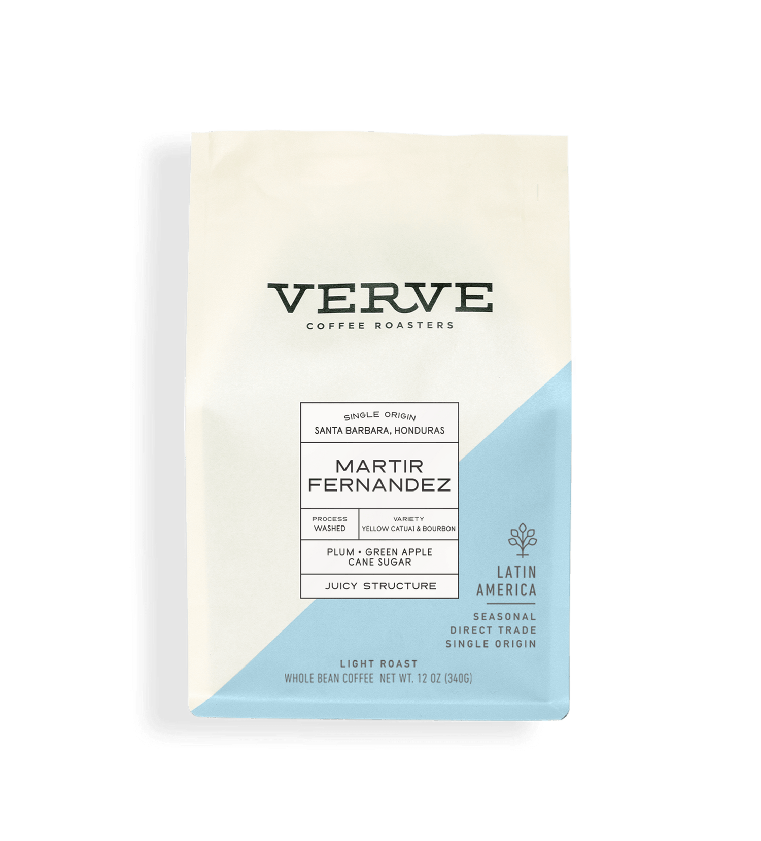 Verve Coffee Roasters - Martir Fernandez - 12oz - Single Origin - Santa Barbara, Honduras - Process: Washed - Variety: Yellow Catuai & Bourbon - Tasting Notes: Plum, Green Apple, Cane Sugar - Juicy Structure - Latin America - Seasonal - Direct Trade - Light Roast - Whole Bean Coffee 