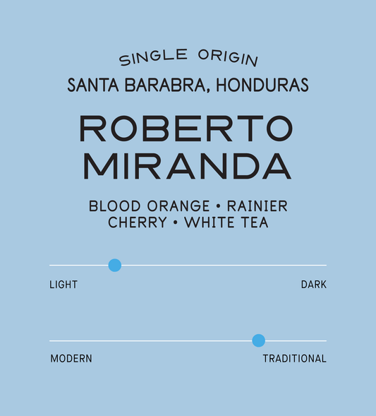 Verve Coffee Roasters - Roberto Miranda - Scent Profile - Single Origin - Santa Barbara, Honduras - Tasting Notes: Blood Orange, Rainier Cherry, White Tea - Light + Traditional