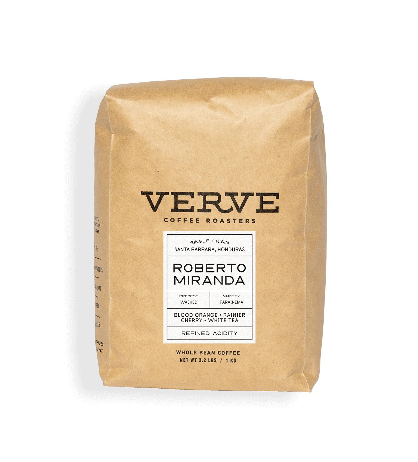 Verve Coffee Roasters - Roberto Miranda - 1kg - Single Origin - Santa Barbara, Honduras - Process: Washed - Variety: Parainema - Tasting Notes: Blood Orange, Rainier Cherry, White Tea - Refined Acidity - Whole Bean Coffee - 2.2 lbs / 1 kg