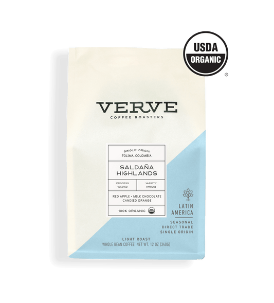 Verve Coffee Roasters - Saldana Highlands - 12oz - Single Origin - USDA Organic - Tolima, Colombia - Process: Washed - Variety: Various - Tasting Notes: Red Apple, Milk Chocolate, Candied Orange - 100% Organic - Latin America - Seasonal - Direct Trade - Light Roast - Whole Bean Coffee