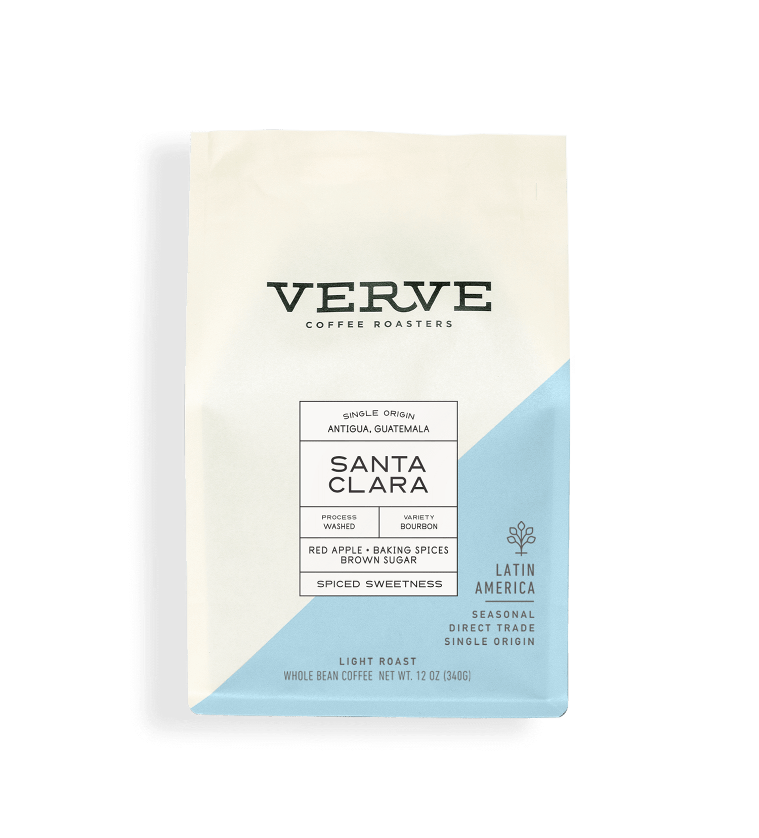 Verve Coffee Roasters - Santa Clara - 12oz - Single Origin - Antigua, Guatemala - Process: Washed - Variety: Bourbon - Tasting Notes: Red Apple, Baking Spices, Brown Sugar - Spiced Sweetness - Latin America - Seasonal - Direct Trade - Light Roast - Whole Bean Coffee