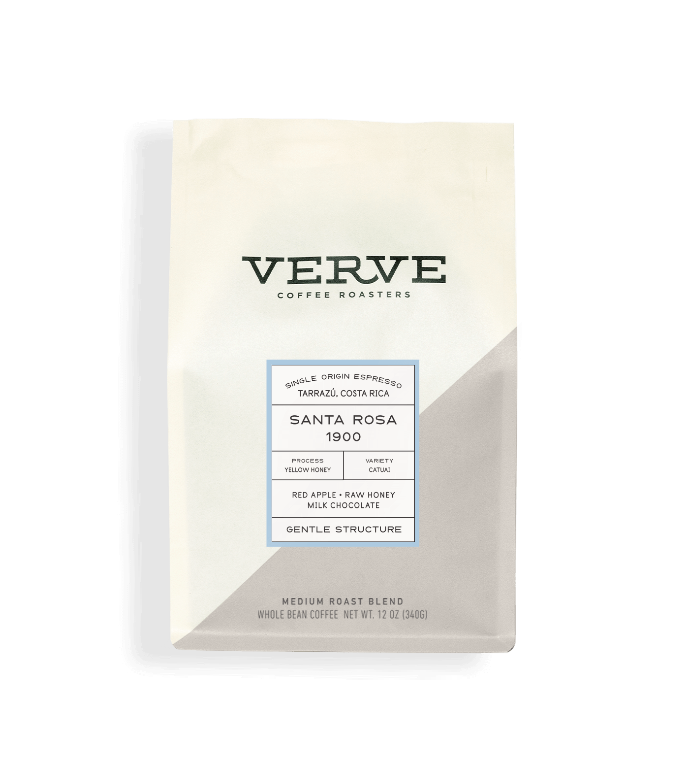 Verve Coffee Roasters - Santa Rosa 1900 Espresso - 12oz - Single Origin - Tarrazu, Costa Rica - Process: Yellow Honey - Variety: Cataui - Tasting Notes: Red Apple. Raw Honey, Milk Chocolate - Gentle Structure - Medium Roast Blend - Whole Bean Coffee