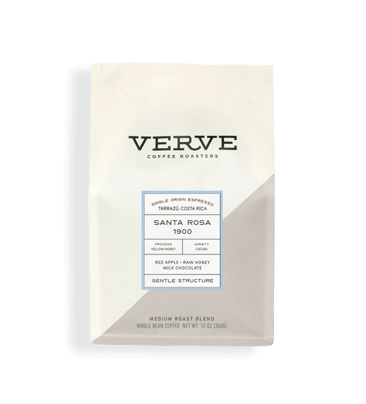 Verve Coffee Roasters - Santa Rosa 1900 Espresso - 12oz - Single Origin - Tarrazu, Costa Rica - Process: Yellow Honey - Variety: Cataui - Tasting Notes: Red Apple. Raw Honey, Milk Chocolate - Gentle Structure - Medium Roast Blend - Whole Bean Coffee