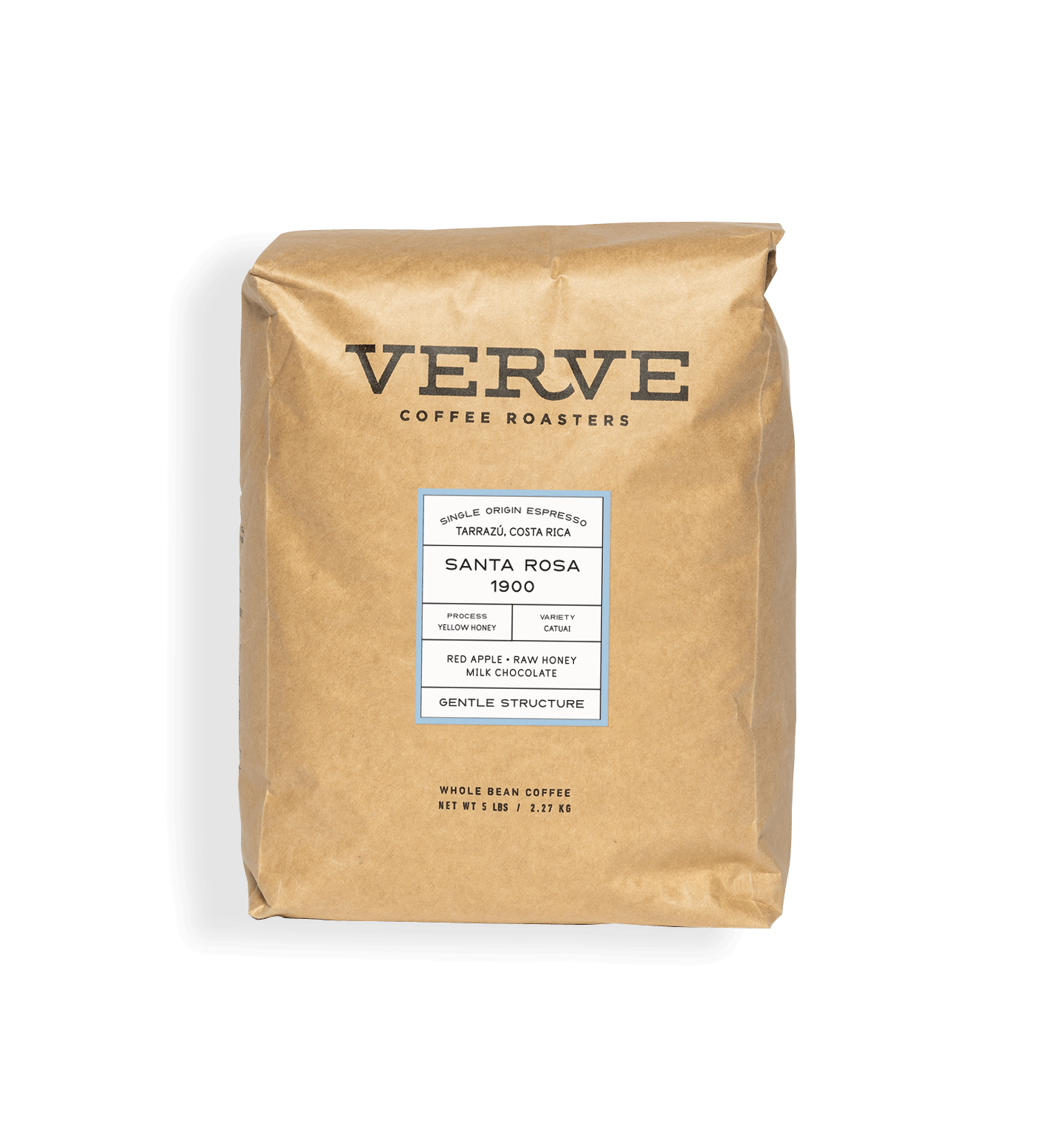 Verve Coffee Roasters - Santa Rosa 1900 Espresso - 5lb - Single Origin - Tarrazu, Costa Rica - Process: Yellow Honey - Variety: Cataui - Tasting Notes: Red Apple. Raw Honey, Milk Chocolate - Gentle Structure - Whole Bean Coffee - 5 lbs / 2.27 kg