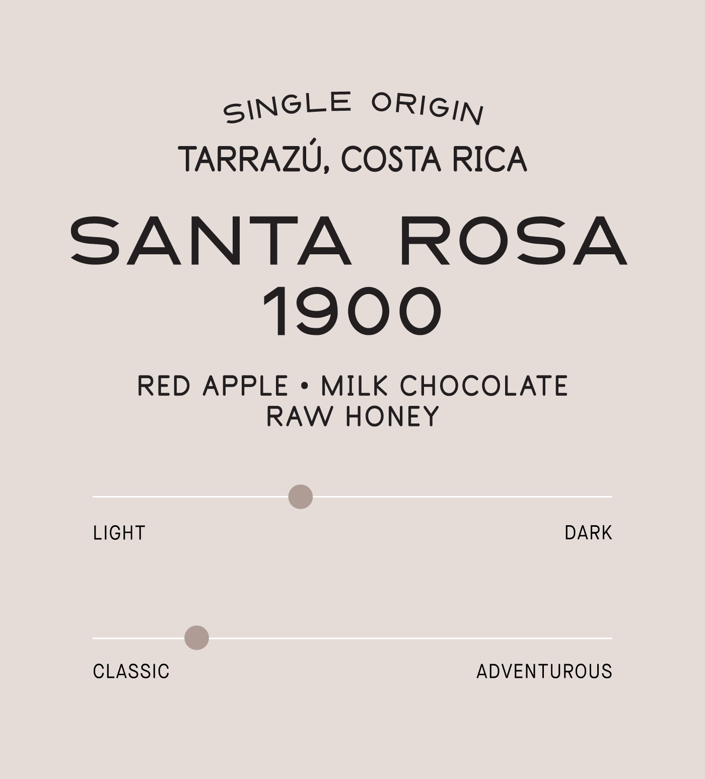 Verve Coffee Roasters - Santa Rosa 1900 Espresso - Scent Profile - Single Origin - Tarrazu, Costa Rica - Tasting Notes: Red Apple. Raw Honey, Milk Chocolate - Light + Classic