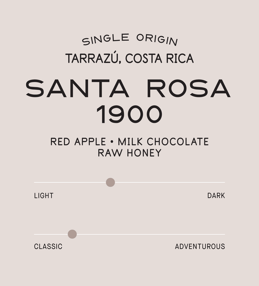 Verve Coffee Roasters - Santa Rosa 1900 Espresso - Scent Profile - Single Origin - Tarrazu, Costa Rica - Tasting Notes: Red Apple. Raw Honey, Milk Chocolate - Light + Classic