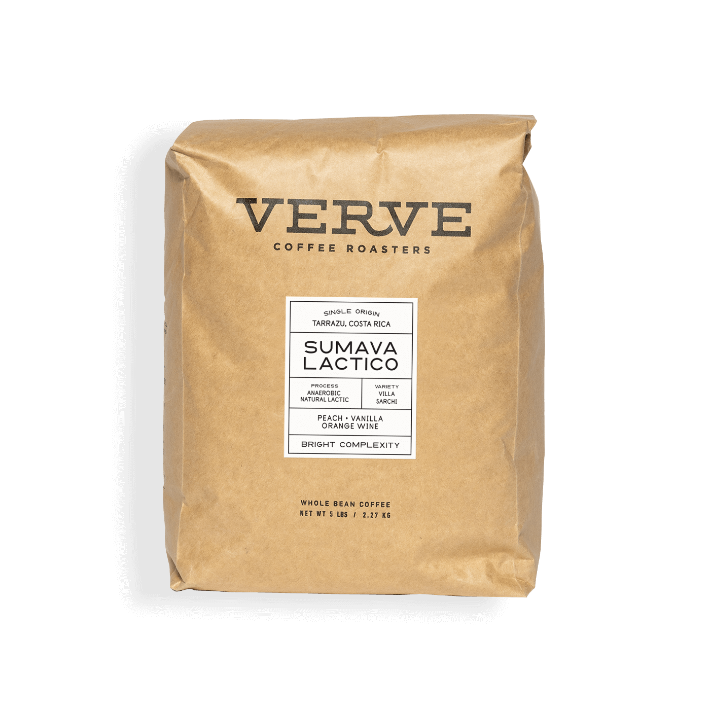 Verve Coffee Roasters - Sumava Lactico - 5lb - Single Origin - Tarrazu, Costa Rica - Process: Anaerobic Natural Lactic - Variety: Villa Sarchi - Tasting Notes: Peach, Vanilla, Orange Wine - Bright Complexity - Whole Bean Coffee - 5 lbs / 2.27 kg