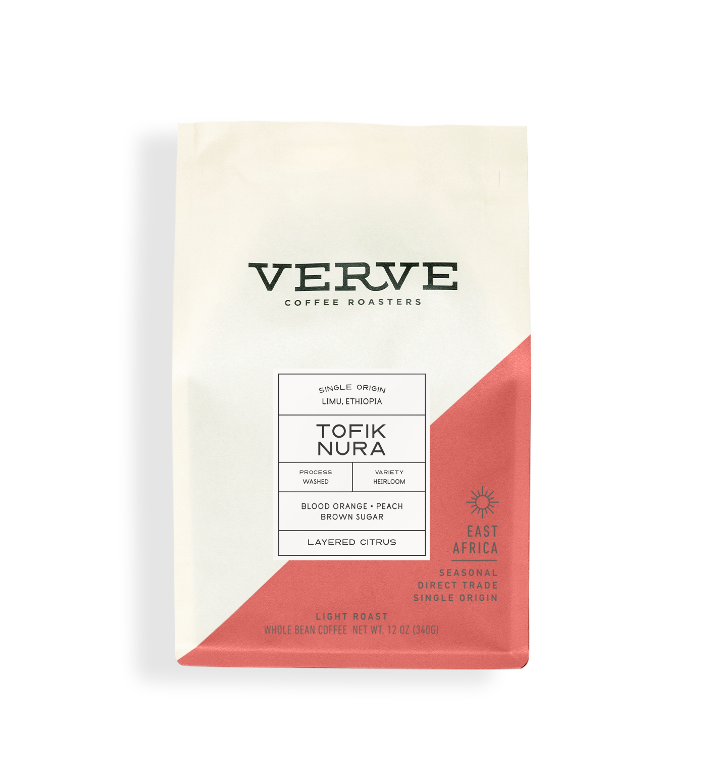 Verve Coffee Roasters - Tofik Nura - 12oz - Single Origin - Lima, Ethiopia - Process: Washed - Variety: Heirloom - Tasting Notes: Blood Orange, Peach, Brown Sugar - Layered Citrus - East Africa - Seasonal - Direct Trade - Light Roast - Whole Bean Coffee