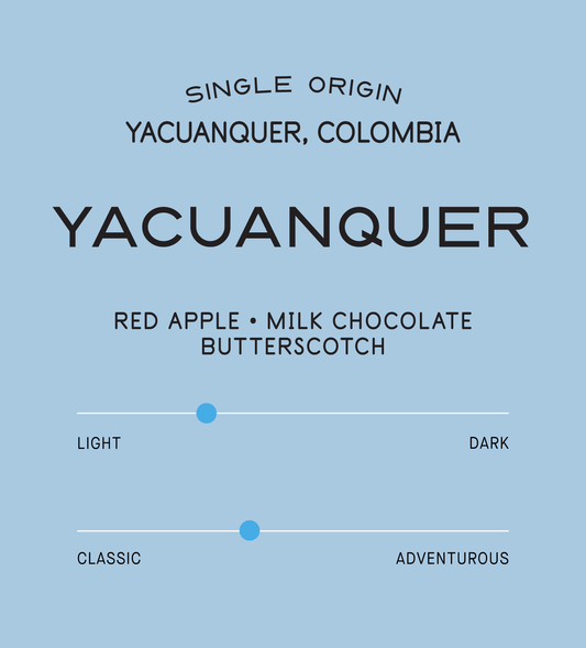 Verve Coffee Roasters - Yacuanquer - Scent Profile - Single Origin - Narino, Colombia - Tasting Notes: Red Apple, Butterscotch, Milk Chocolate - Light + Classic